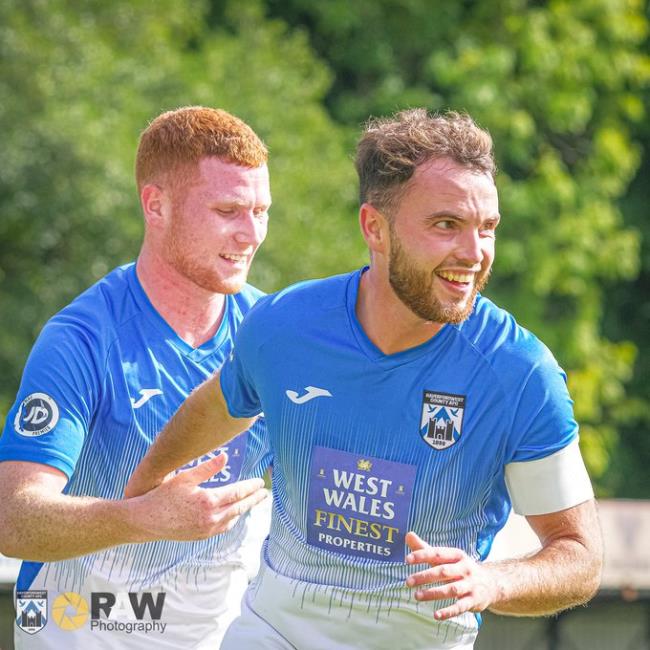 Captain Dylan Rees celebrates scoring for Haverfordwest County. Picture Rawphotography